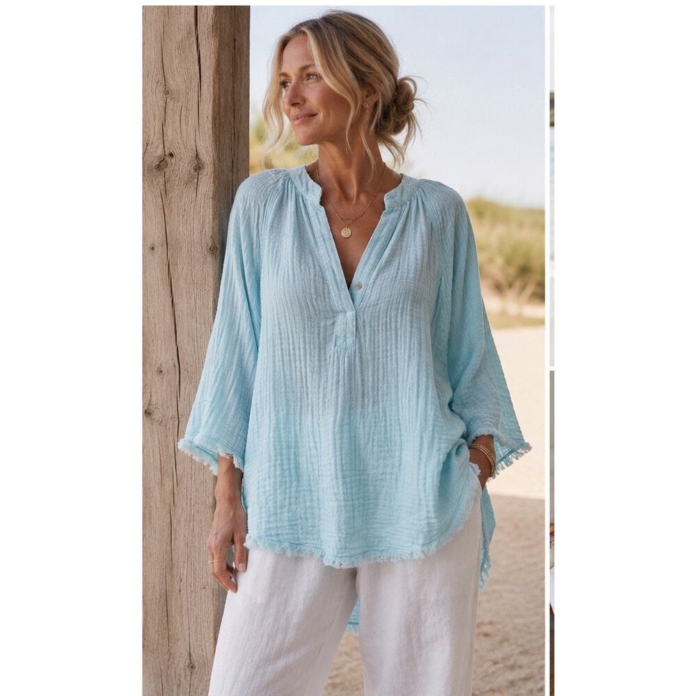 9seed Resort Aqua Cotton Gauze Tunic Top Made in California Small